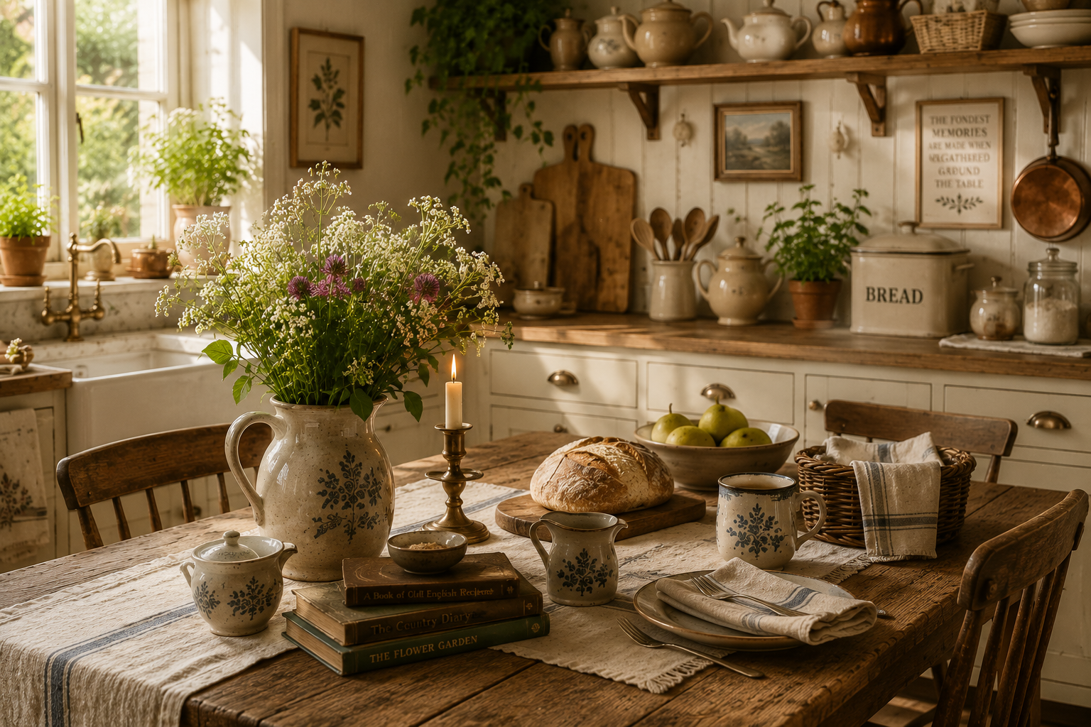 English cottage kitchen table decorated with wildflowers, bread, tea, linen table runner, pottery and candle
