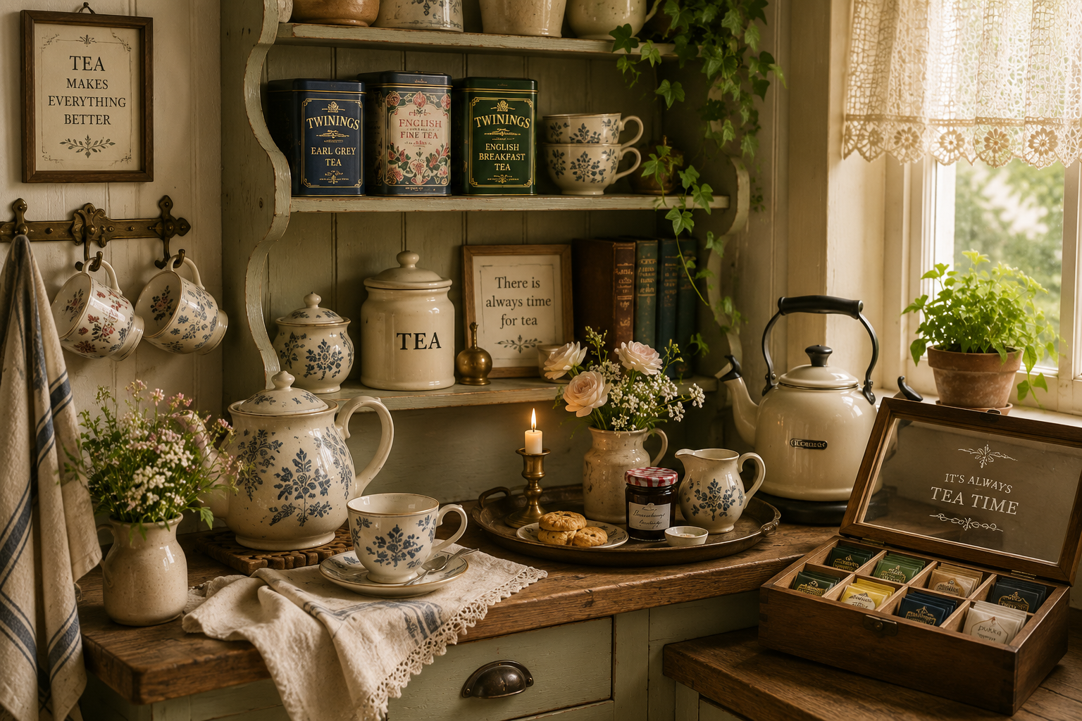 Cottage kitchen tea corner with enamel kettle, teapot, teacups, tea tins, wooden tea box, flowers and candlelight