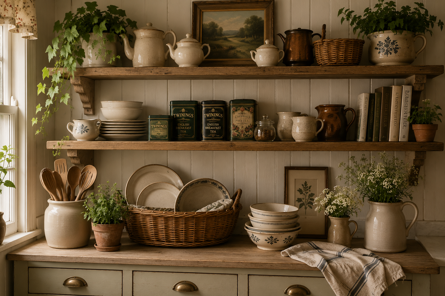 English cottage kitchen open shelves styled with stoneware, tea tins, baskets, plants and wooden kitchen accessories