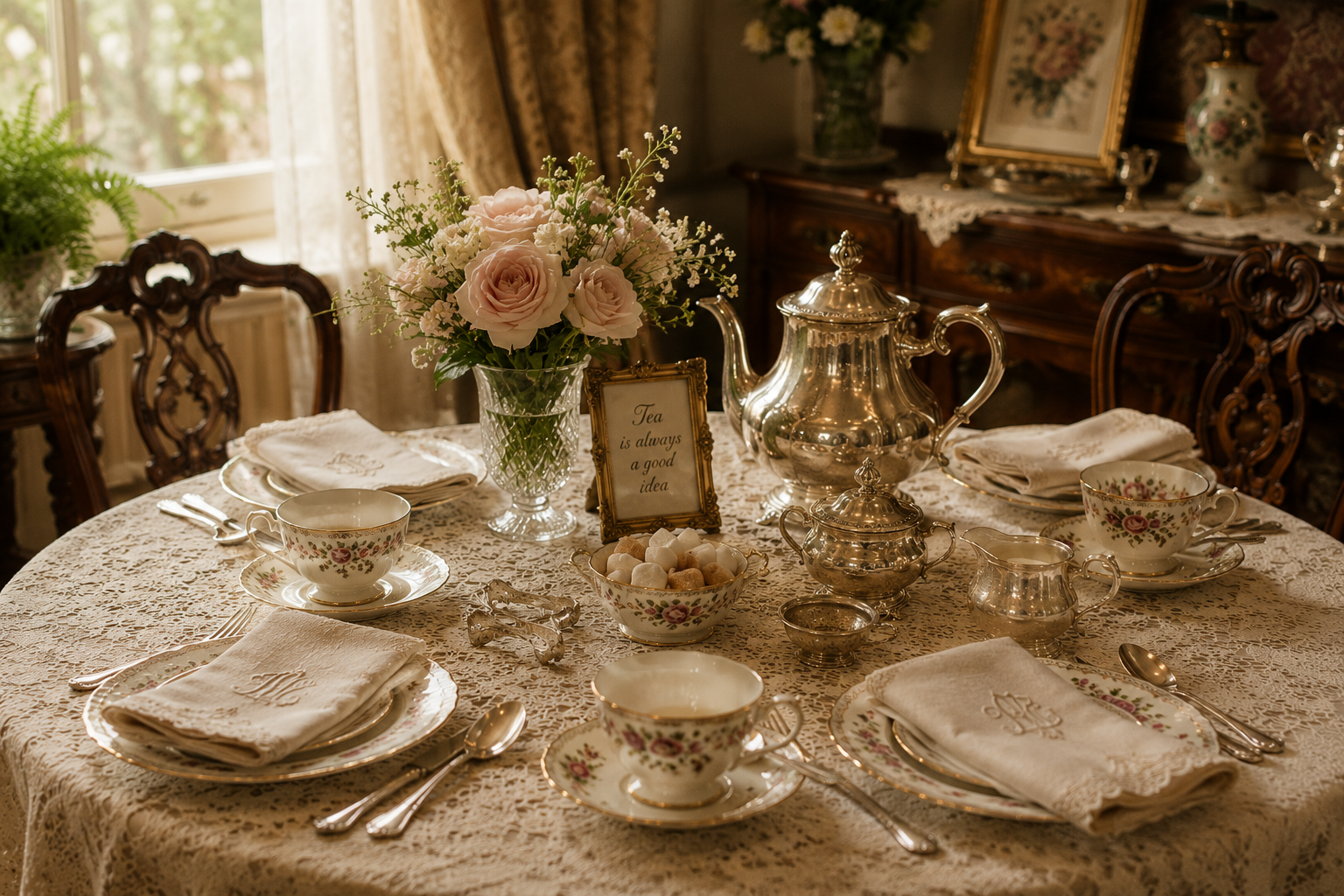 A lace-covered tea table set with floral china, silver tea service, linen napkins and fresh roses.