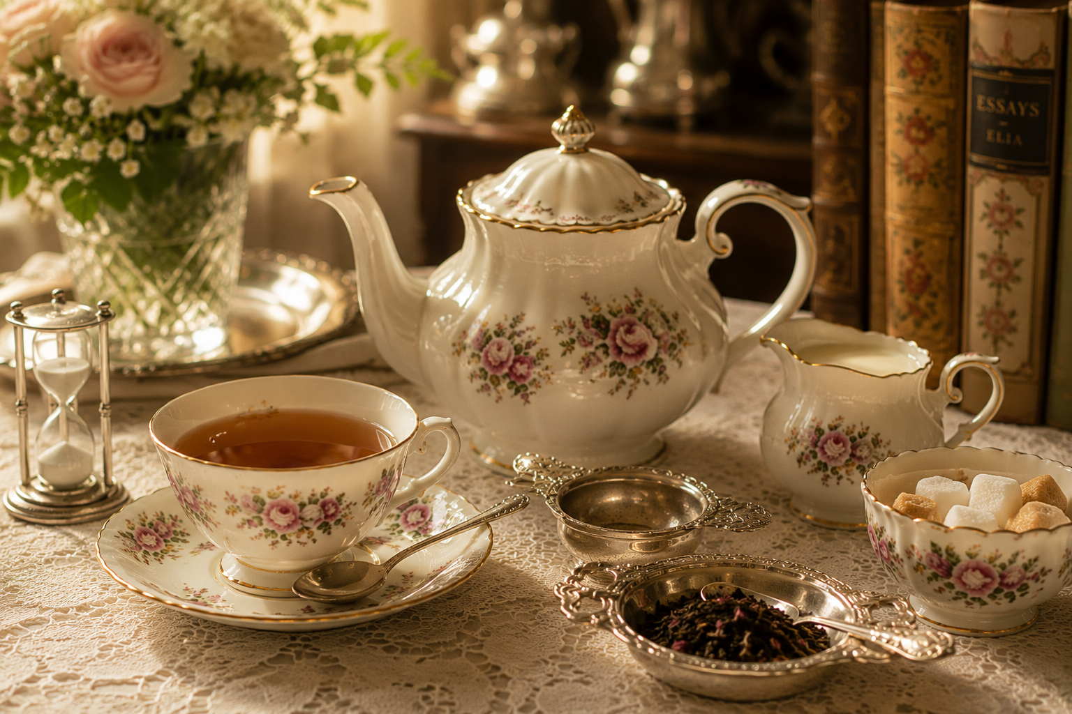 A porcelain floral teapot, teacup, milk jug, sugar bowl, tea strainer and loose-leaf tea in warm afternoon light.