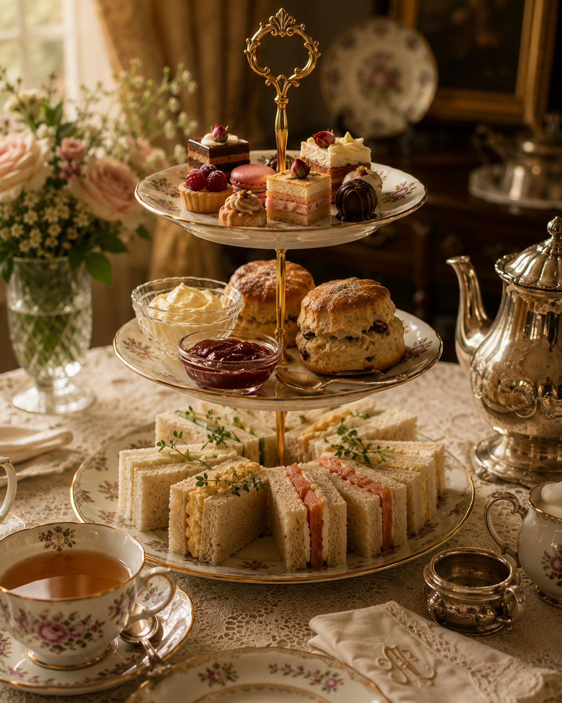 A three-tier afternoon tea stand filled with finger sandwiches, scones, jam, cream, cakes and pastries.
