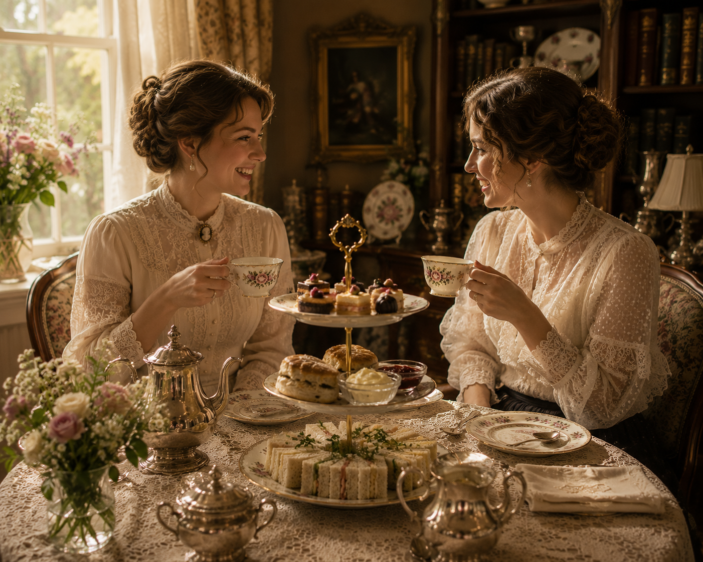 Two women enjoying tea and conversation beside a sunny parlour window with fine china and a tiered cake stand.
