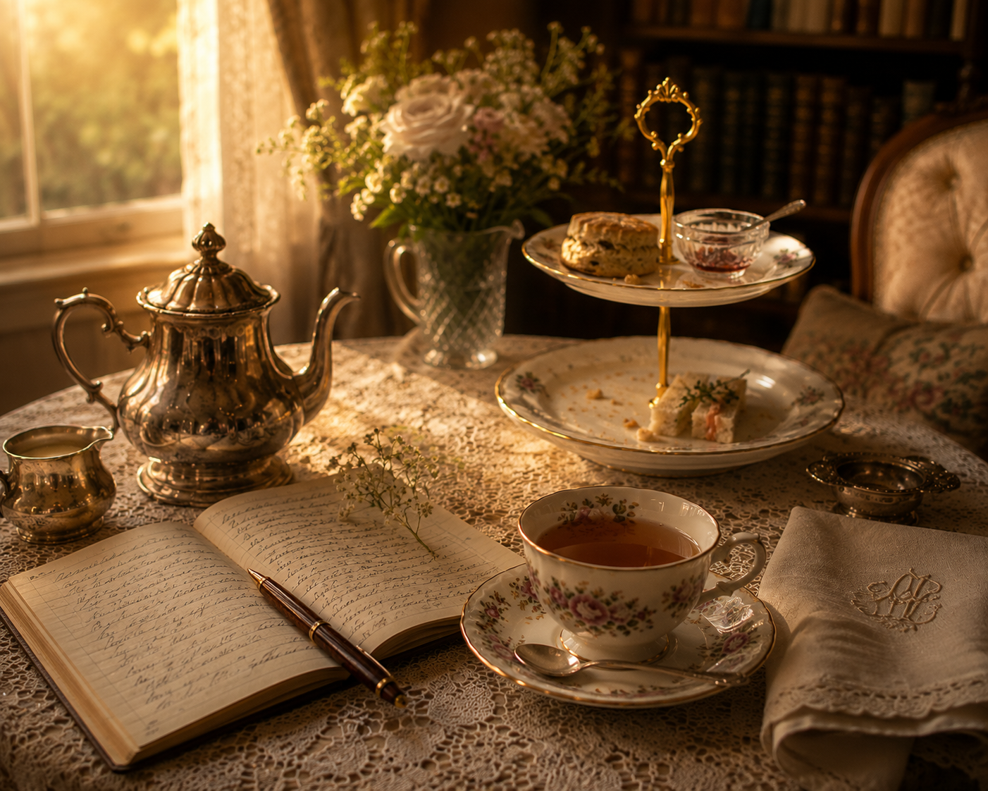 A quiet afternoon tea table at sunset with a teapot, teacup, open journal, flowers and the remains of tea.