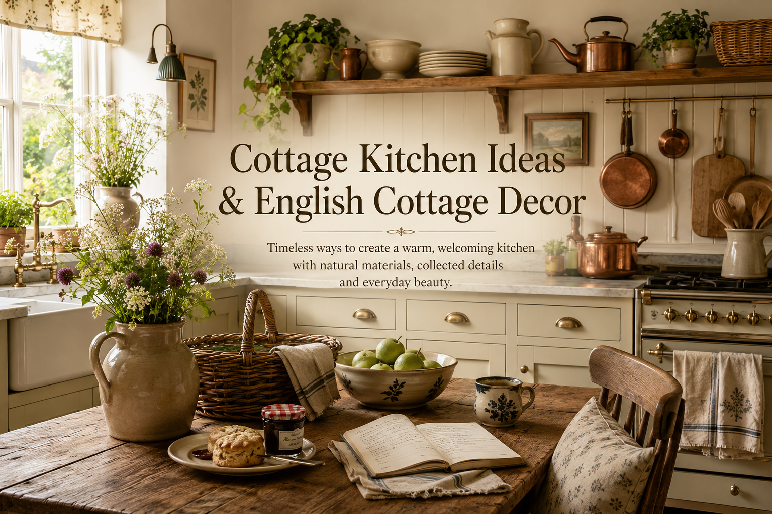 Warm English cottage kitchen with rustic wooden table, cream cabinetry, copper cookware, flowers and vintage kitchen decor