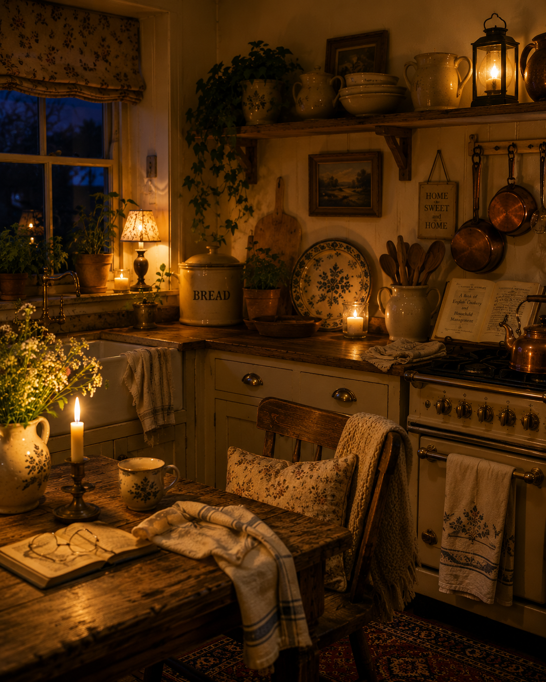 Cozy English cottage kitchen at evening with warm lamps, candles, copper cookware, open shelves and tea on a rustic table