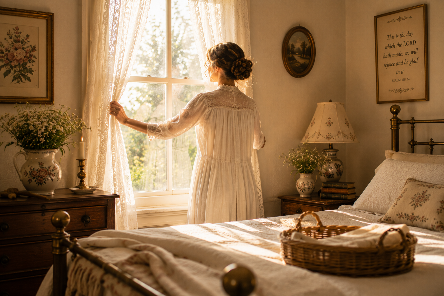 A woman opening lace curtains in a softly sunlit vintage bedroom with flowers, books and freshly arranged bedding.