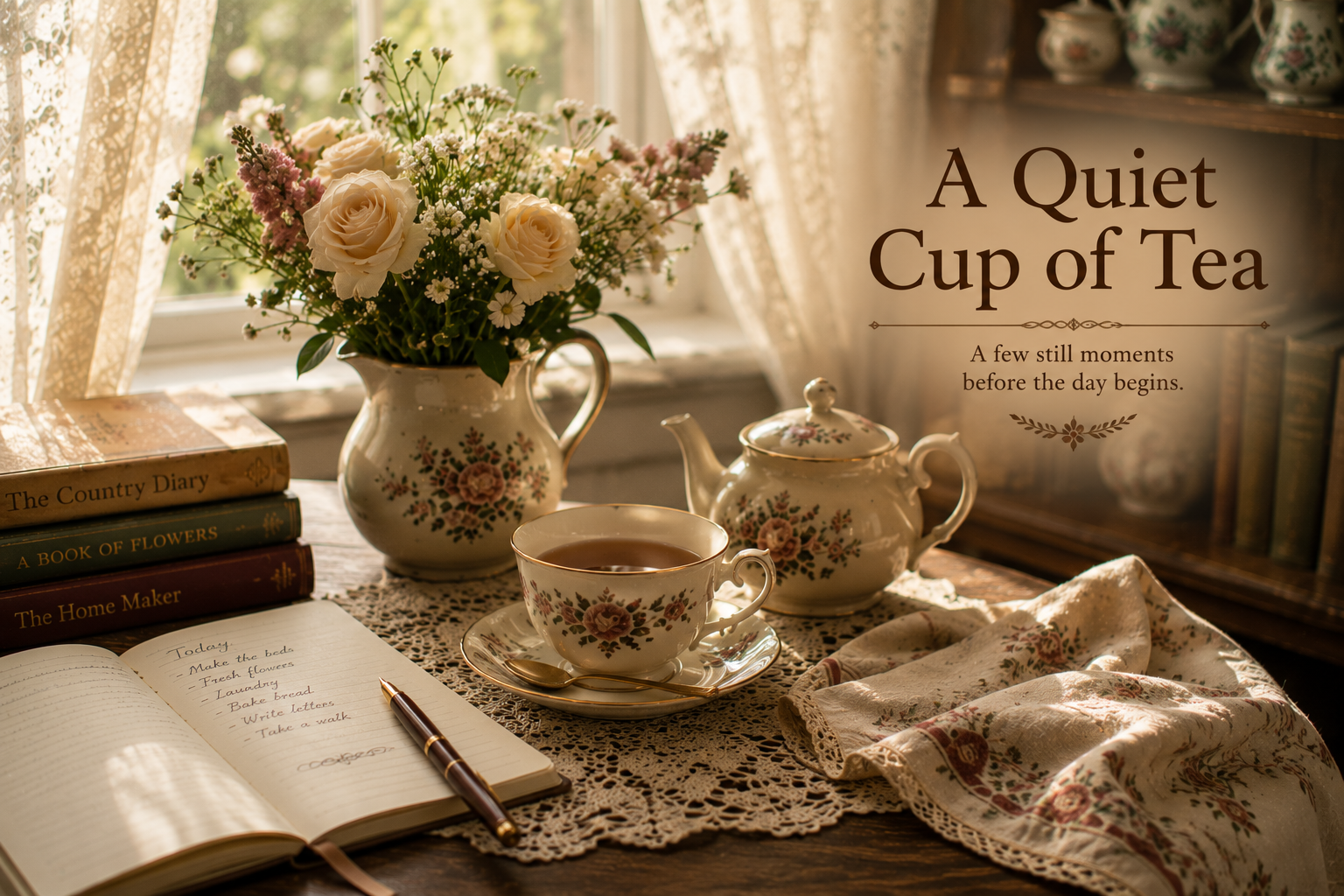 A quiet morning tea setting beside a lace-curtained window with a floral teapot, teacup, journal, books and fresh roses.