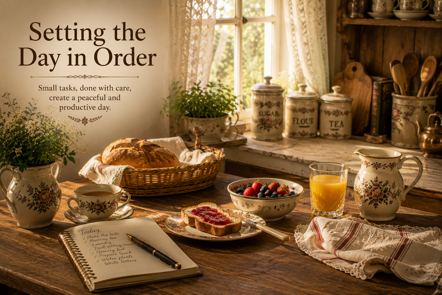 A sunlit breakfast table with bread, fruit, tea, juice, flowers, linen and a handwritten list for the day.