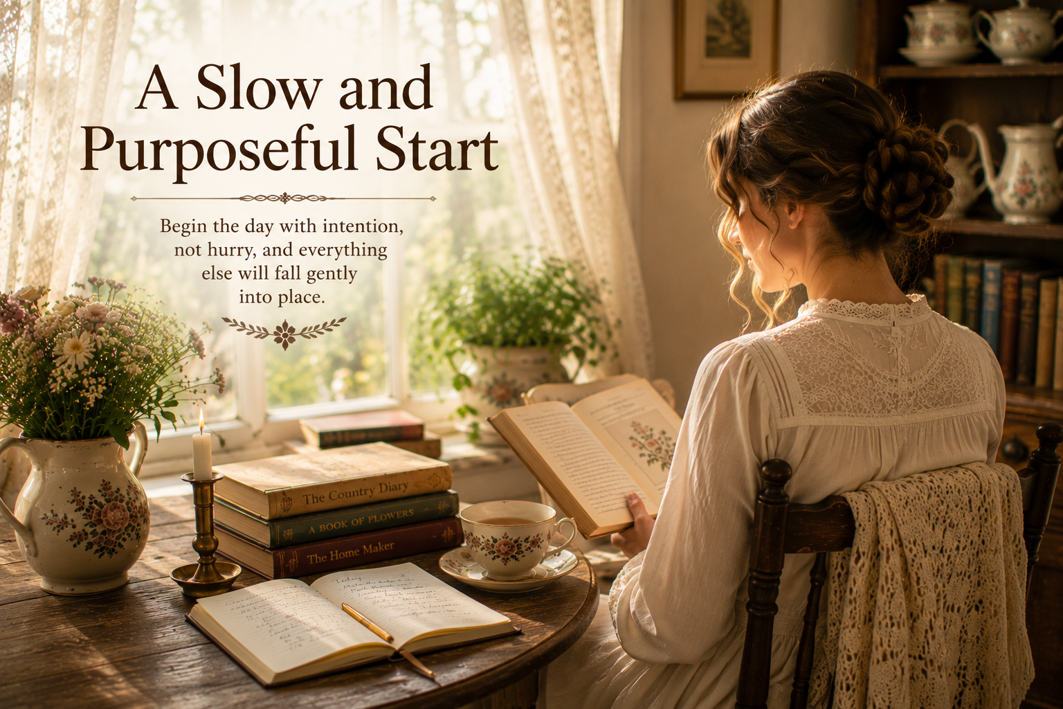 A woman reading quietly at a sunlit wooden table with tea, flowers, books, a journal and lace curtains.