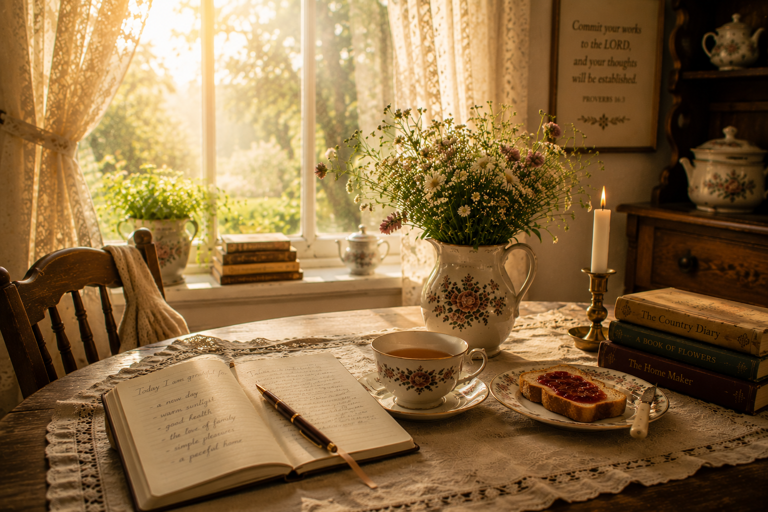 A peaceful morning table with tea, toast, flowers, a handwritten gratitude journal, books and golden sunlight.