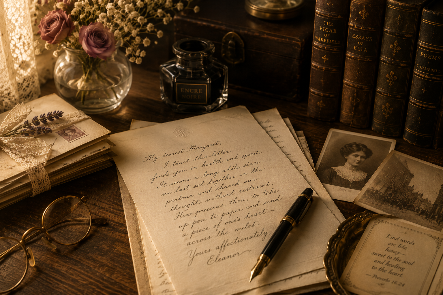 Handwritten correspondence surrounded by an ink bottle, spectacles, old photographs, flowers and antique books.