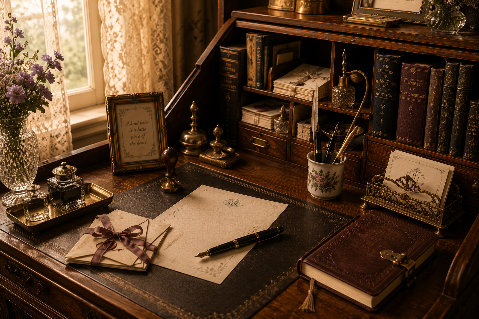 An orderly antique writing desk beside a lace-curtained window with stationery, pens, books, ink bottles and flowers.