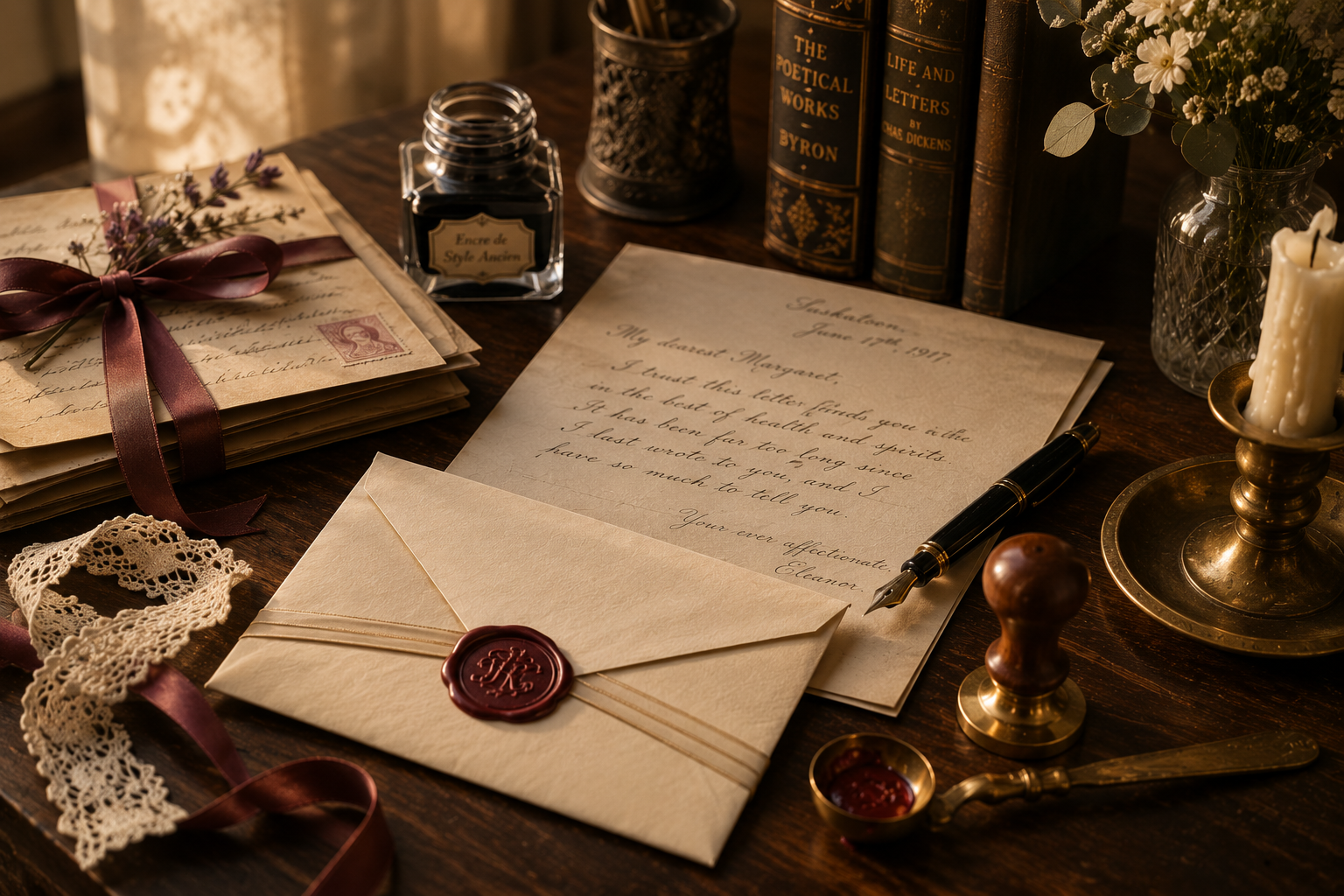 A finished handwritten letter with a sealed envelope, fountain pen, sealing wax, ribbon, flowers and candlelight.