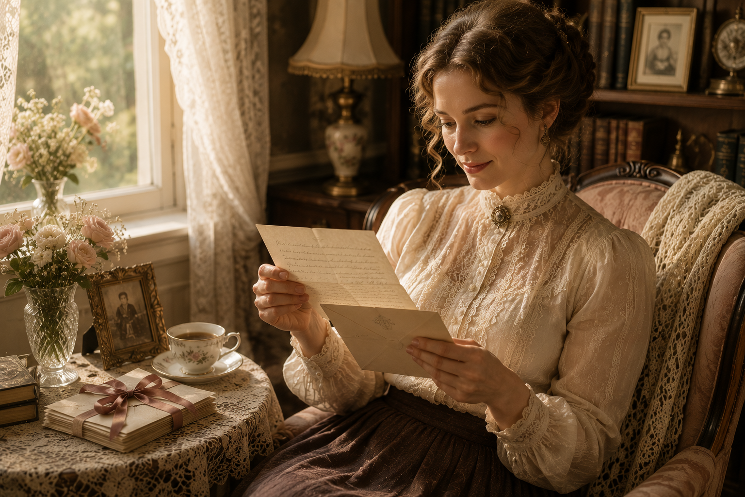 A woman in an Edwardian parlour reading a handwritten letter beside a window, flowers and a cup of tea.