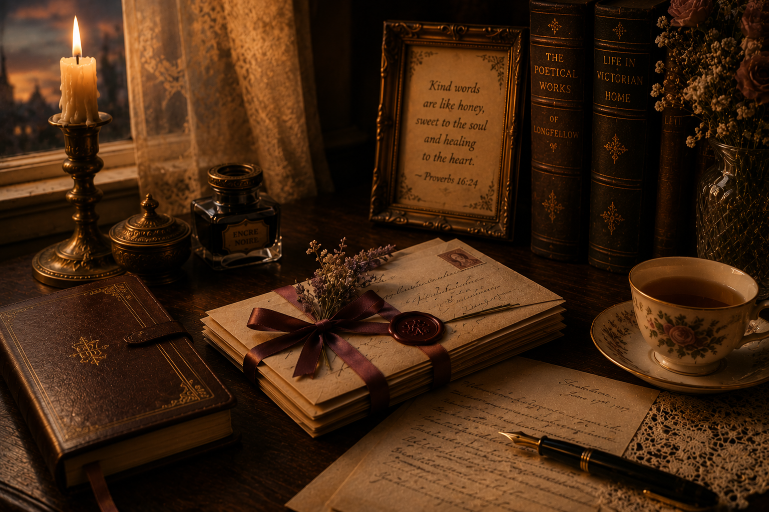 A candlelit writing desk at evening with sealed letters tied in ribbon, a leather journal, fountain pen, tea and antique books.