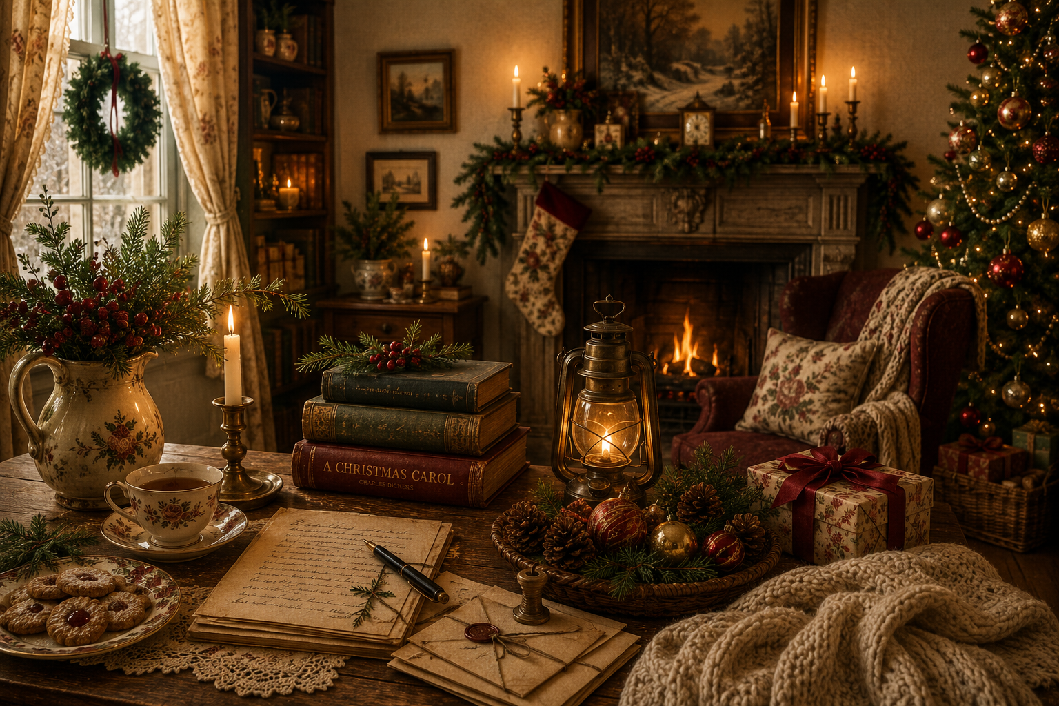 An old-fashioned Christmas parlour glowing with firelight, a decorated tree, candles, handwritten letters, books, tea, biscuits, greenery and wrapped gifts.