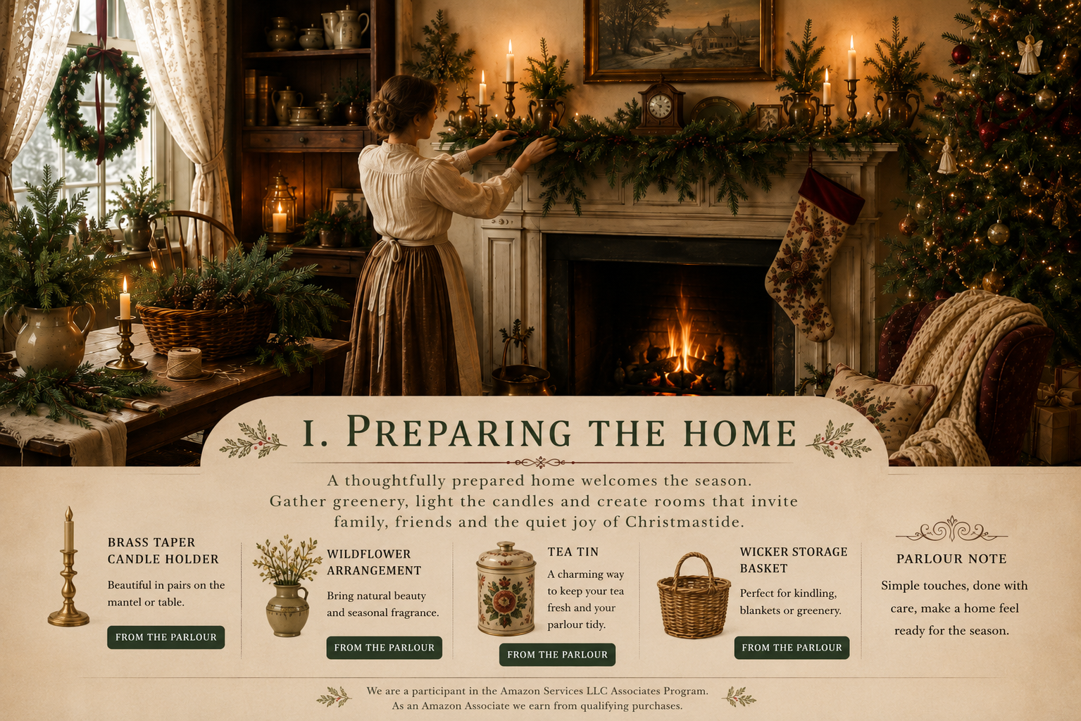 A woman arranging evergreen garland, berries and brass candles on a Christmas mantel in a warm old-fashioned parlour.