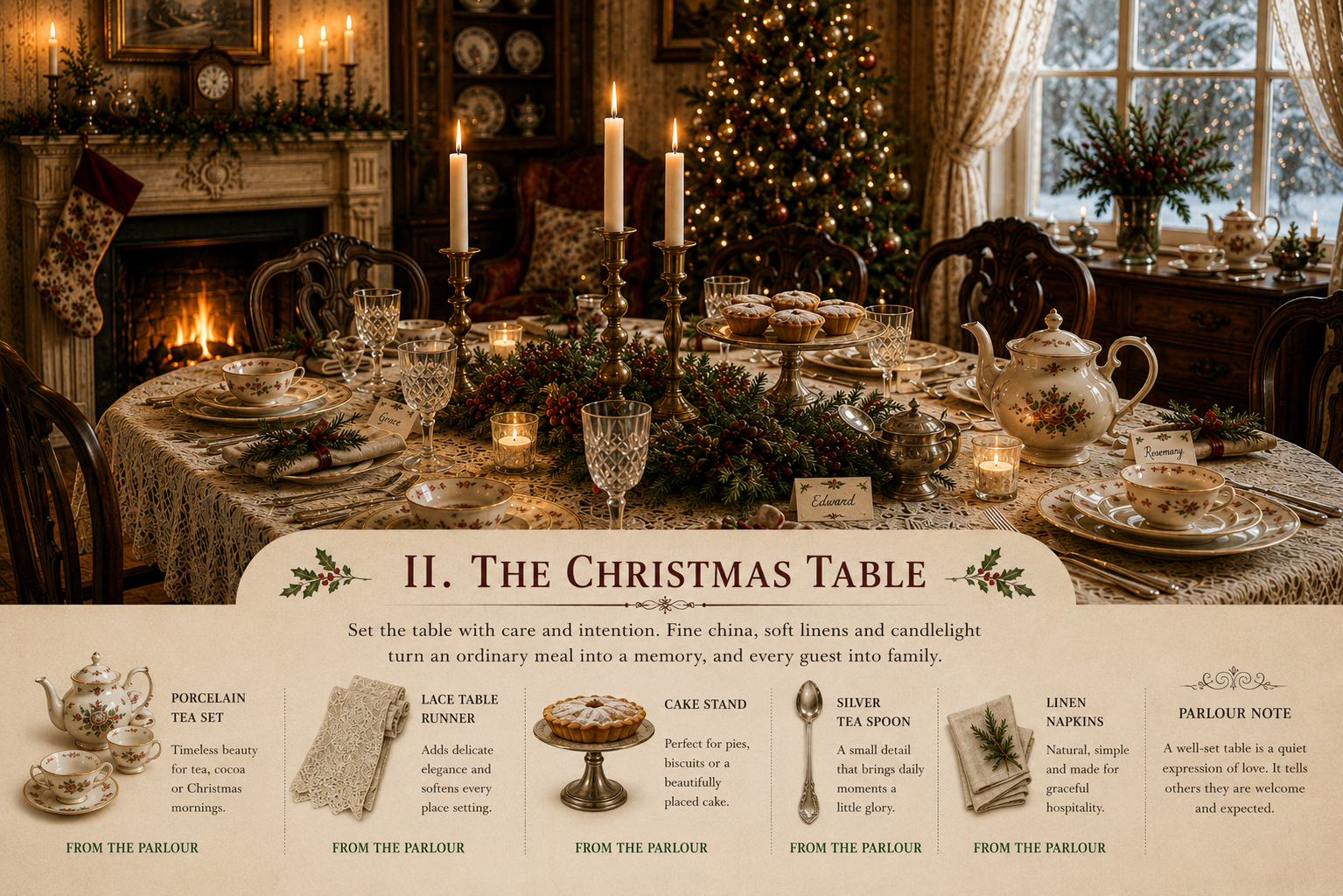 An old-fashioned Christmas table set with china, crystal, lace, candles, greenery, tea and festive baking beside a glowing fire and Christmas tree.