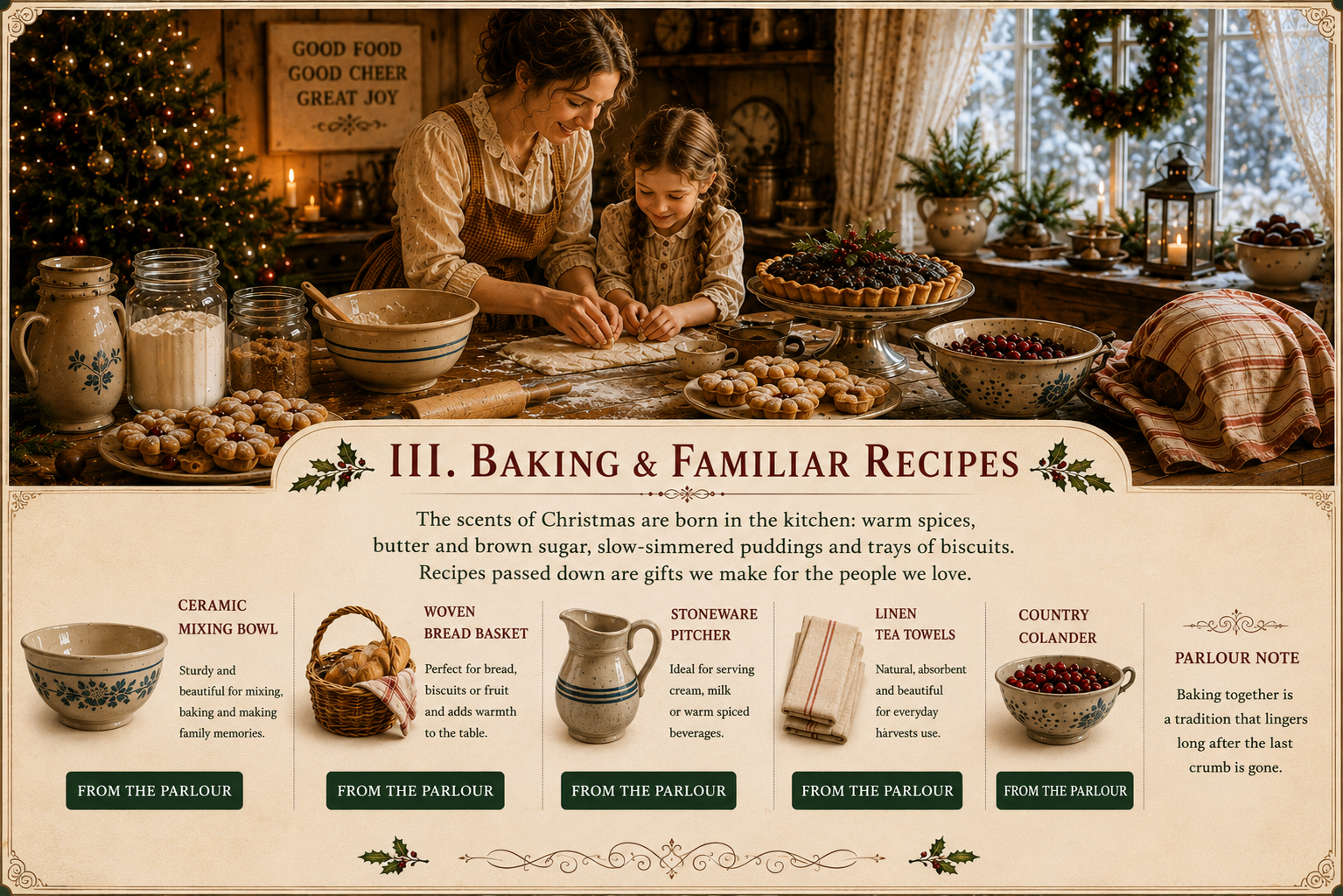 A mother and daughter baking Christmas biscuits together in a warm farmhouse kitchen filled with greenery, candles and familiar holiday treats.