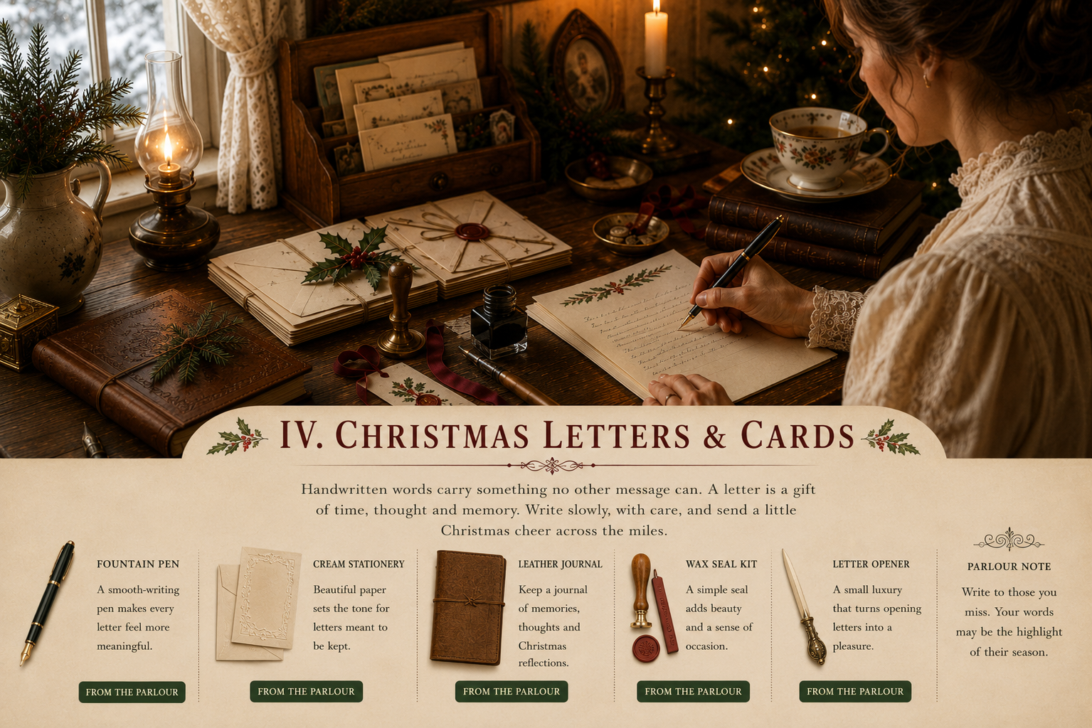 A woman writing Christmas letters by lamplight at a wooden desk with cream stationery, fountain pen, wax seals, holly, ribbon and tea.