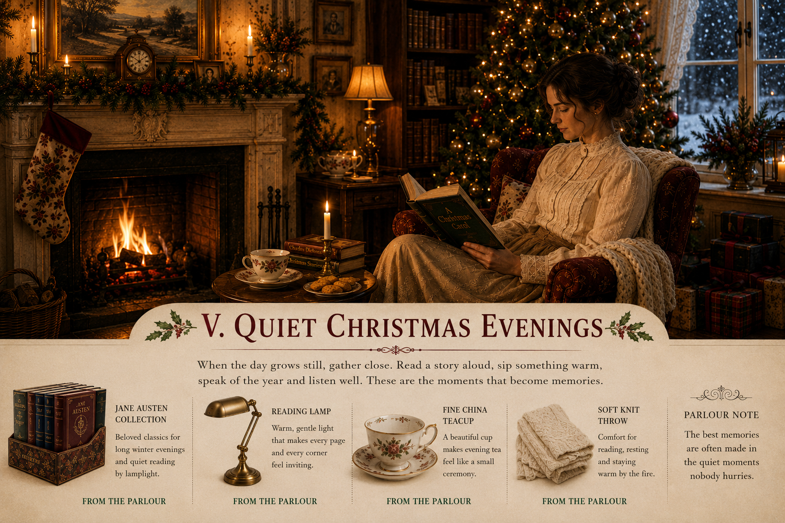 A woman reading A Christmas Carol beside a glowing fireplace and tree, with tea, books, candles and snow outside the window.