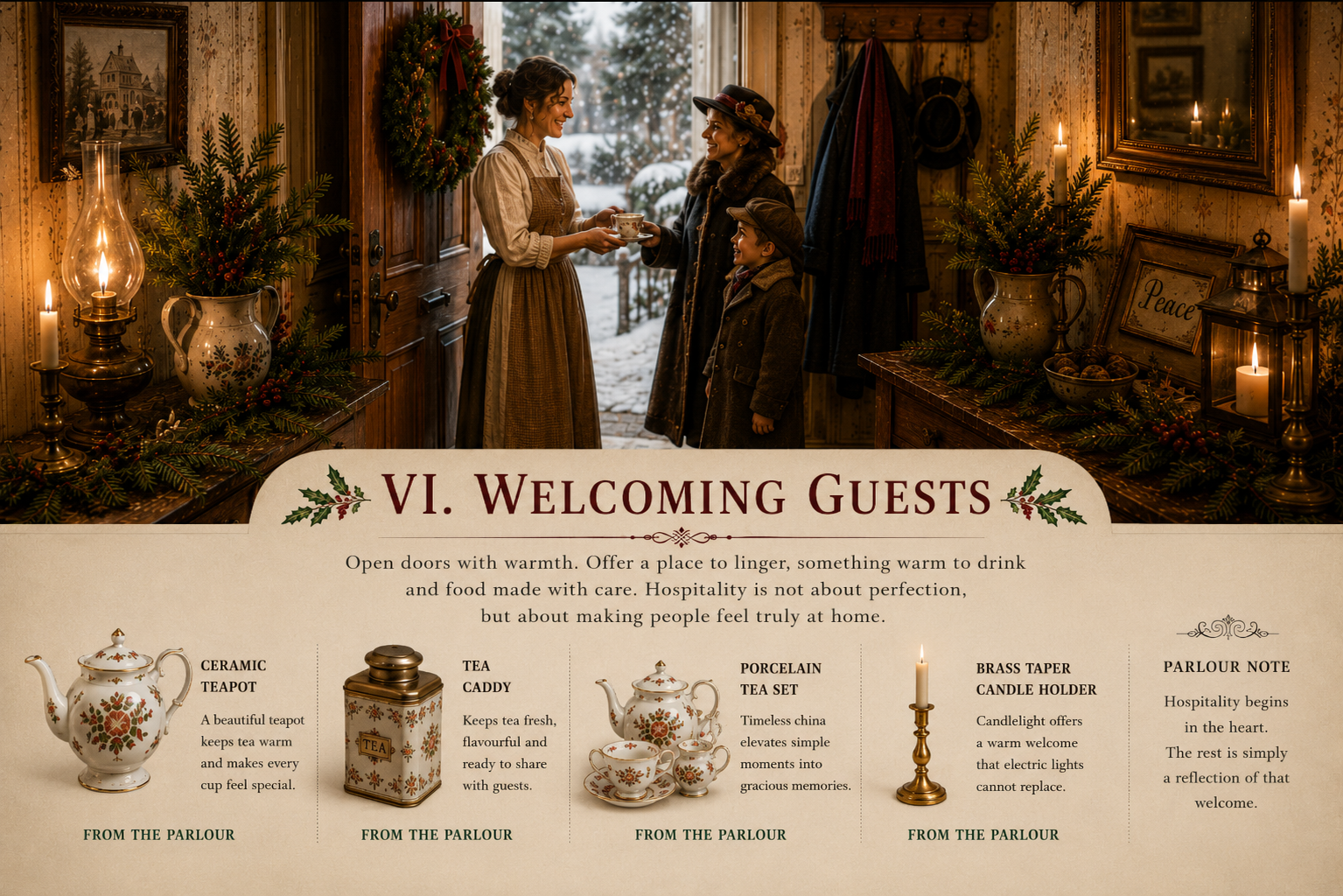 A warmly dressed hostess welcoming an older woman and child from the snow into a candlelit Christmas entryway with greenery and tea.