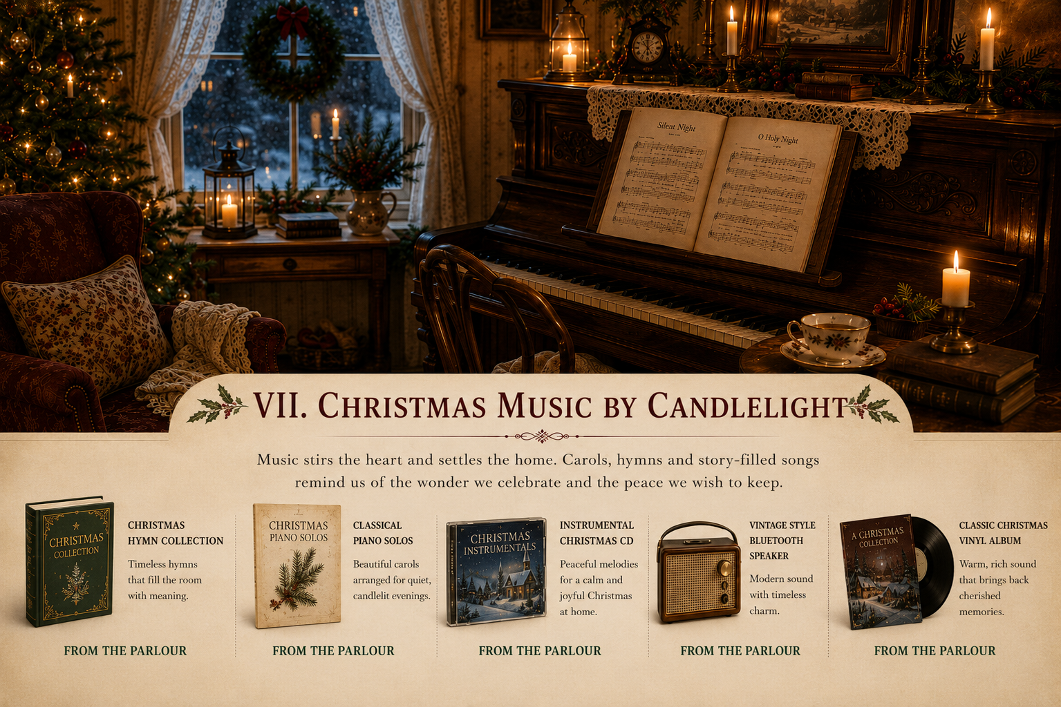 An upright piano in a candlelit Christmas parlour with hymn music open, a decorated tree, snowy window, books and tea.
