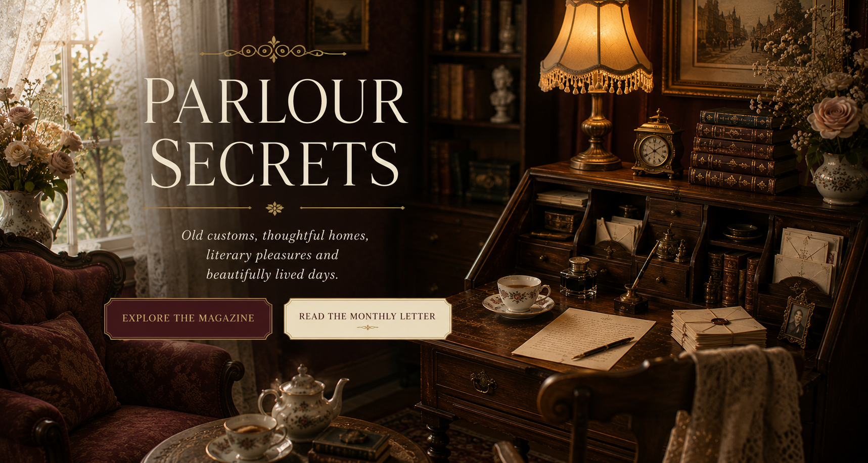 Parlour Secrets Victorian lifestyle magazine hero featuring a warmly lit parlour, writing desk, books, tea, letters and flowers.