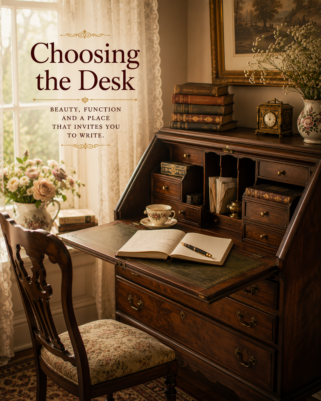 A traditional wooden secretary desk beside a lace-curtained window with books, flowers, tea and an open journal.