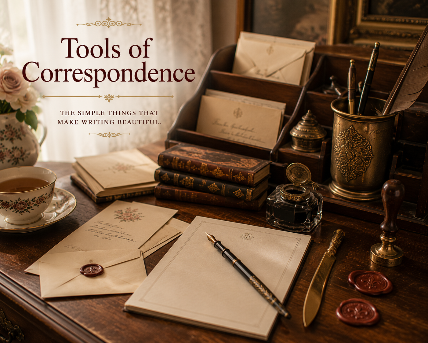 A vintage writing desk arranged with fountain pens, ink, cream stationery, envelopes, wax seals, a letter opener and books.