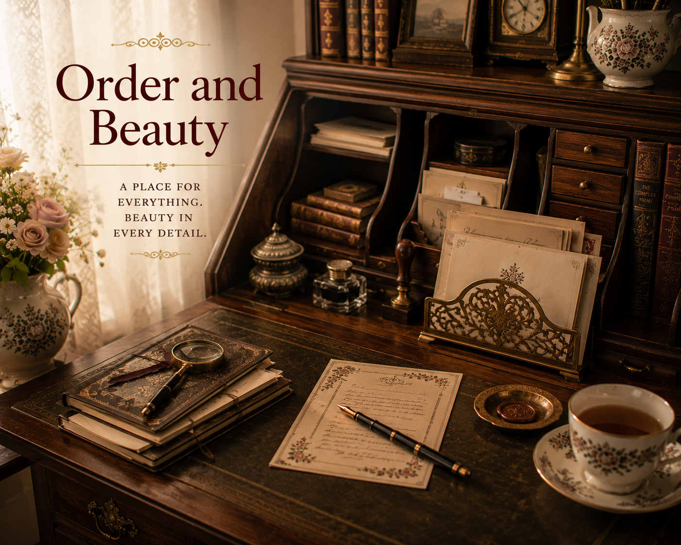 An orderly wooden writing desk with stationery, letters, books, ink, wax seals, a magnifying glass and tea.