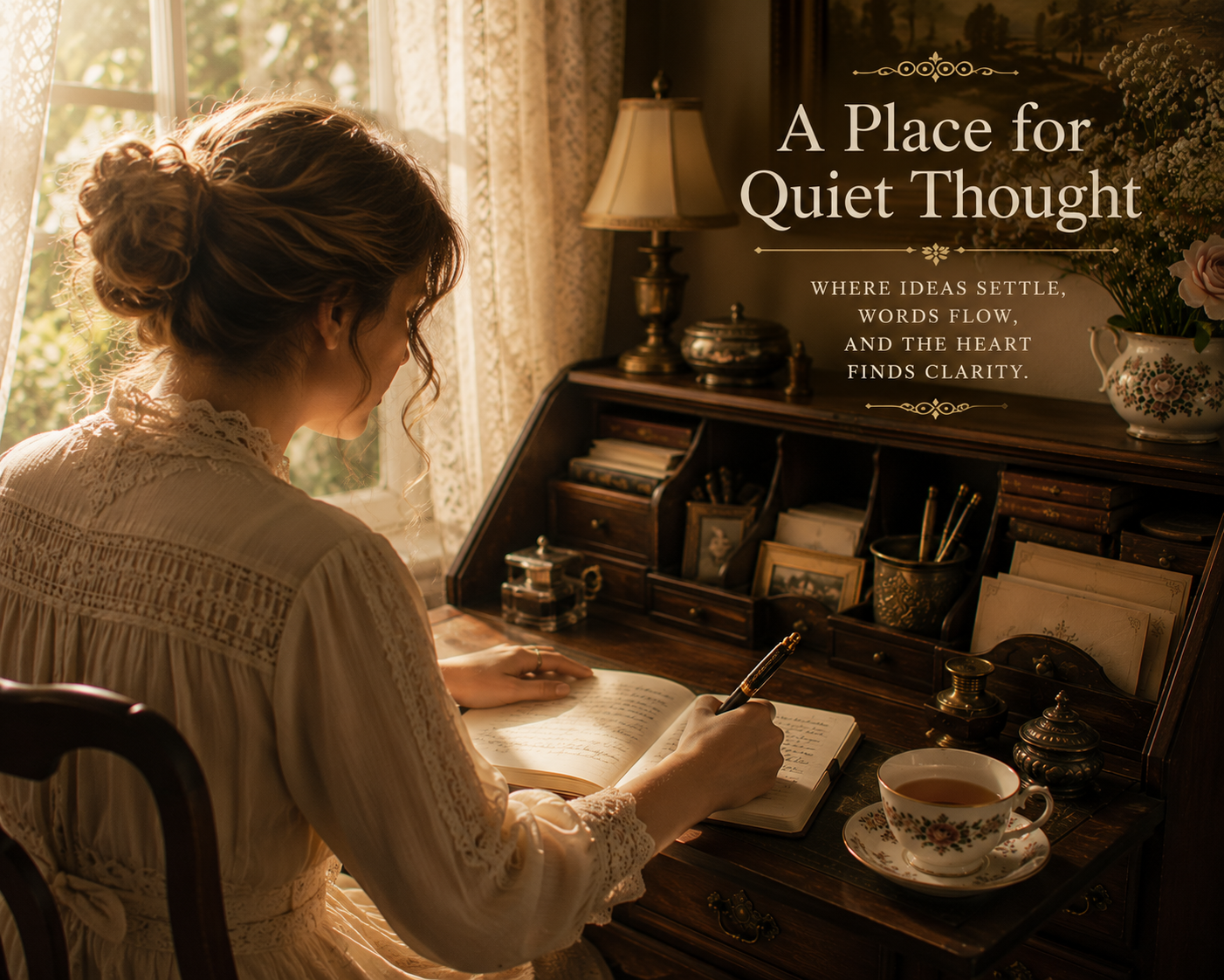 A woman writing quietly at a traditional wooden desk beside a sunlit window with tea, books, stationery and flowers.
