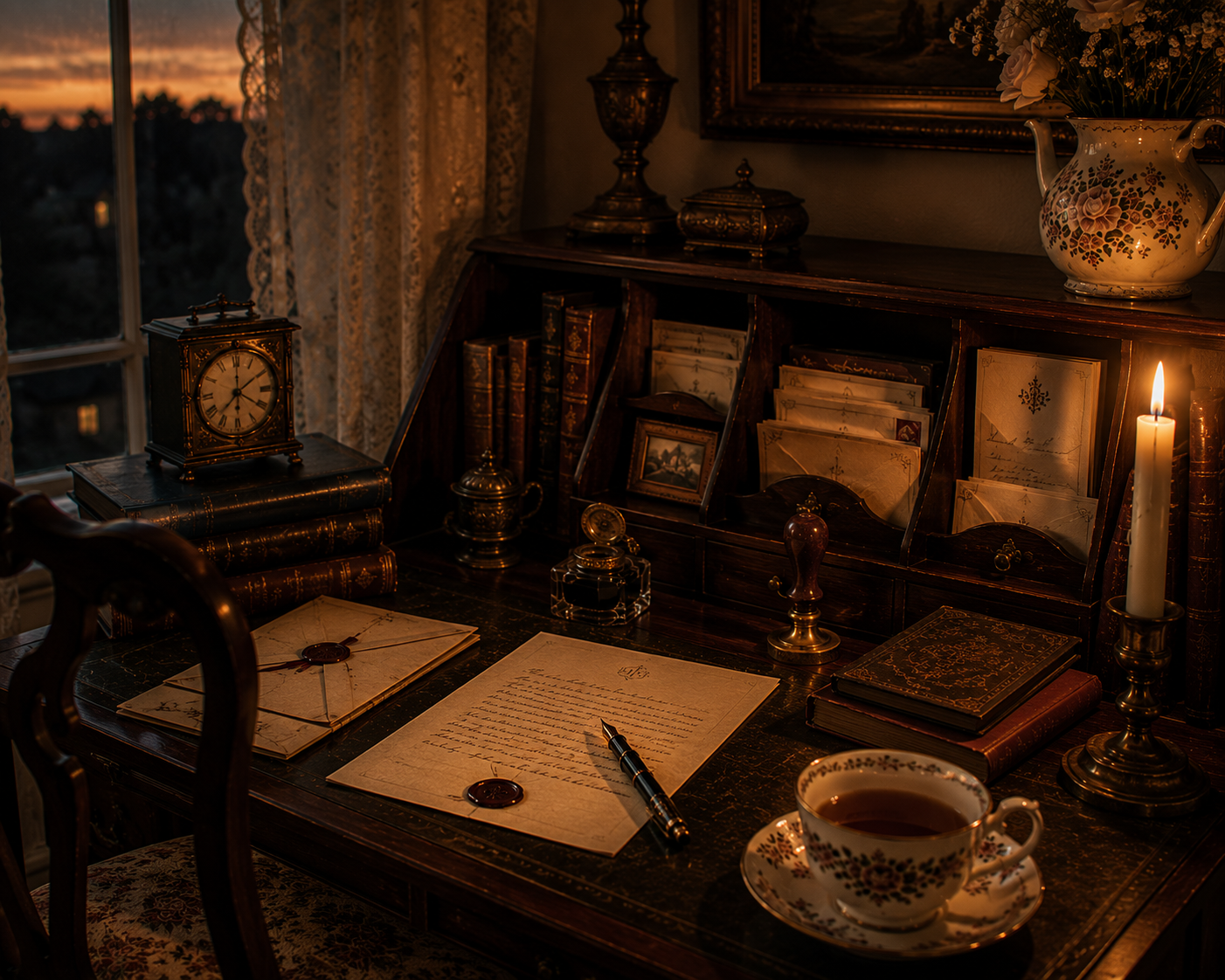 A candlelit writing desk at dusk with a finished letter, fountain pen, wax seal, teacup, antique clock and books.