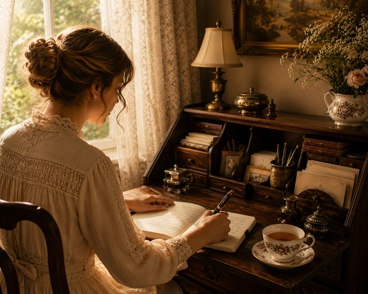 A woman writing quietly at a traditional parlour desk beside a sunlit window.