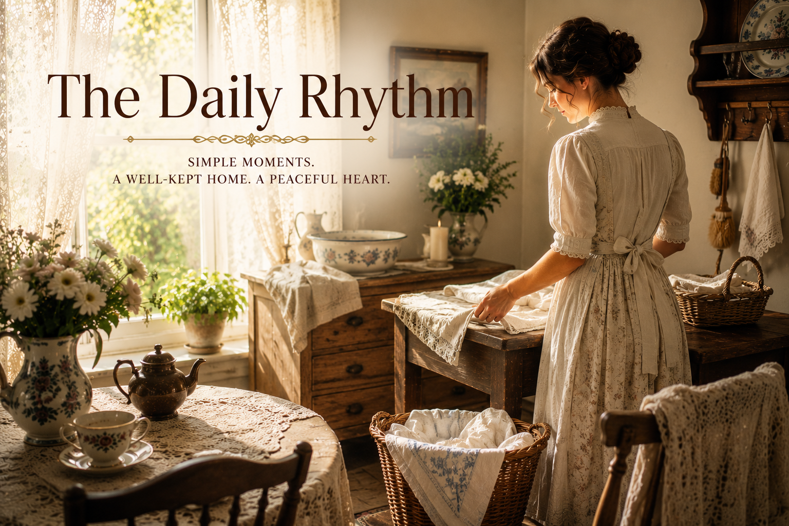 A woman folding household linens in a sunlit vintage kitchen with lace curtains, flowers, baskets and tea.