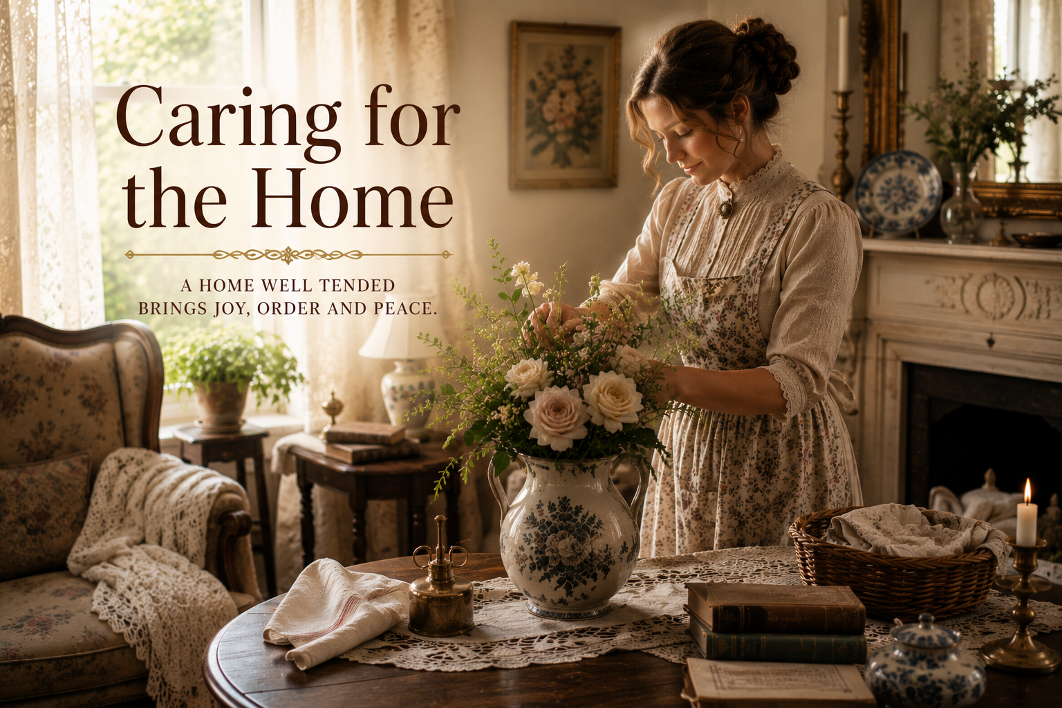 A woman arranging pale roses in a pottery vase inside a softly lit Edwardian parlour.
