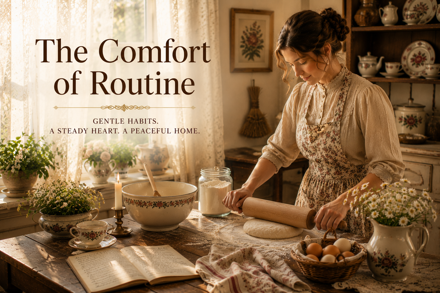 A woman rolling dough in a warm cottage kitchen beside flowers, a mixing bowl, eggs, tea and an open recipe book.