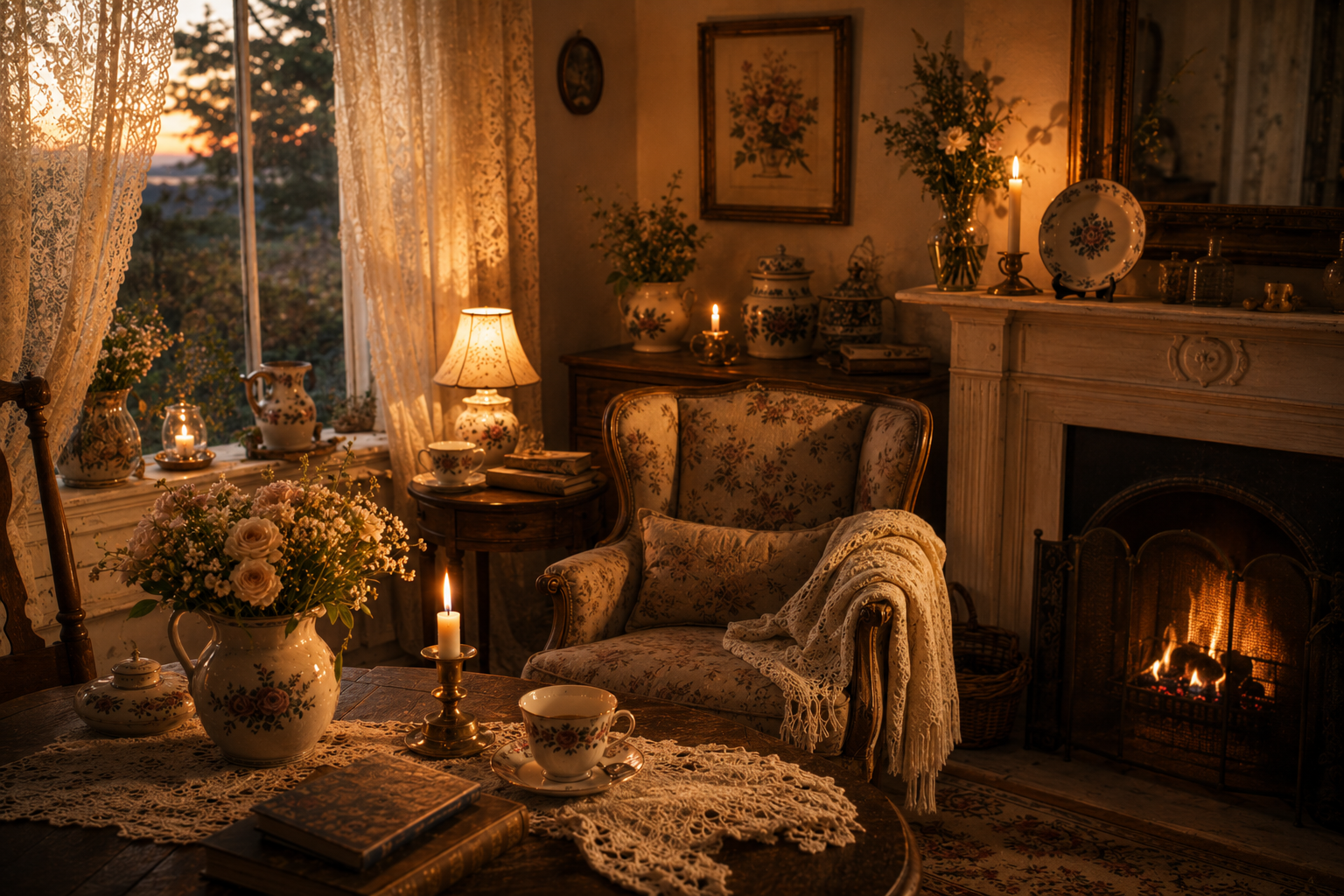 A calm cottage sitting room at sunset with a glowing fireplace, candles, flowers, books, tea and a softly draped chair.