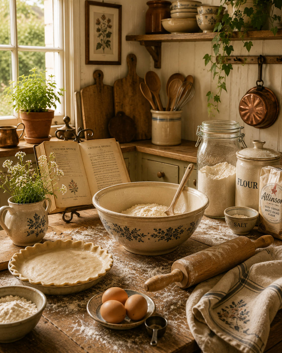Traditional English cottage kitchen baking scene with mixing bowl, rolling pin, eggs, flour jars and vintage recipe book