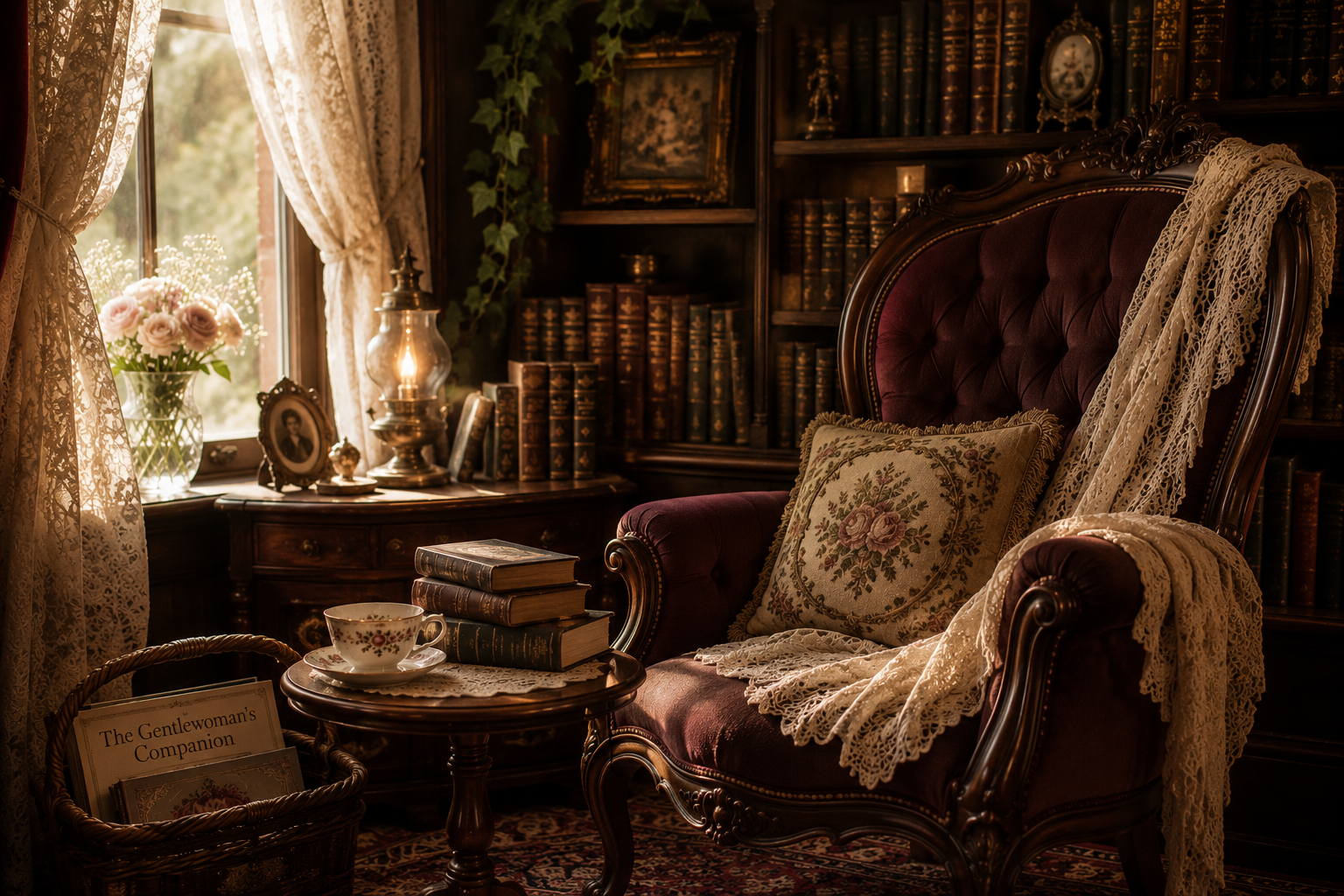 A warm Victorian reading corner with a carved armchair, leather-bound books, a glowing lamp, tea and lace curtains.