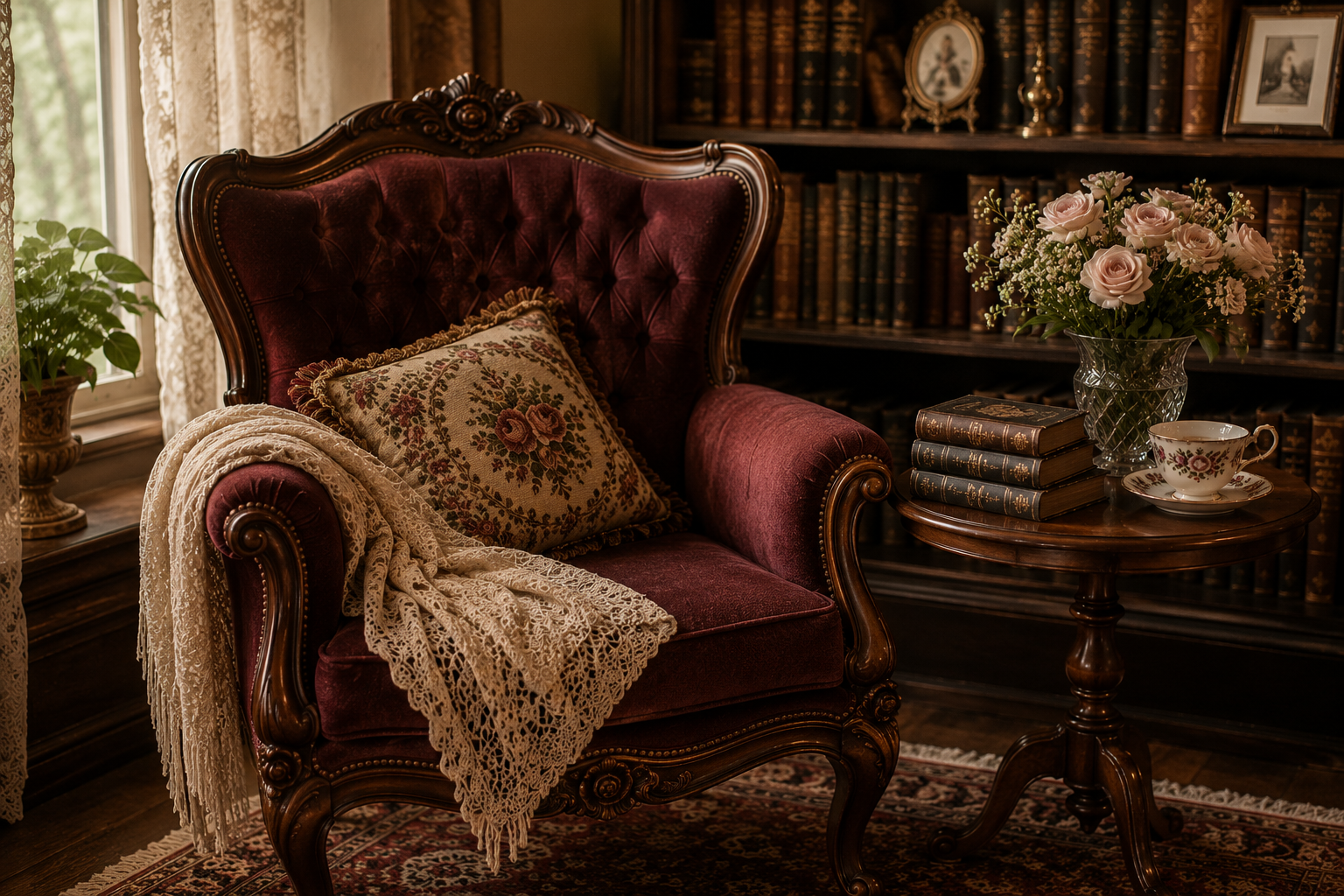 A carved Victorian wingback chair beside a bookshelf, small table, flowers and lace-curtained window.