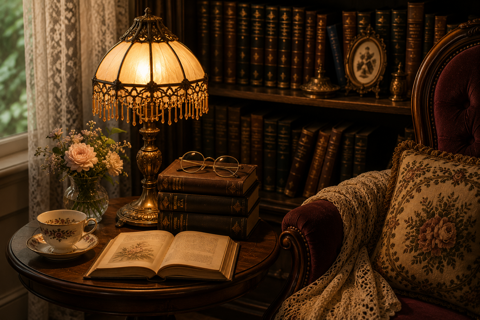 A warm vintage reading lamp glowing beside an armchair, teacup, spectacles and leather-bound books.