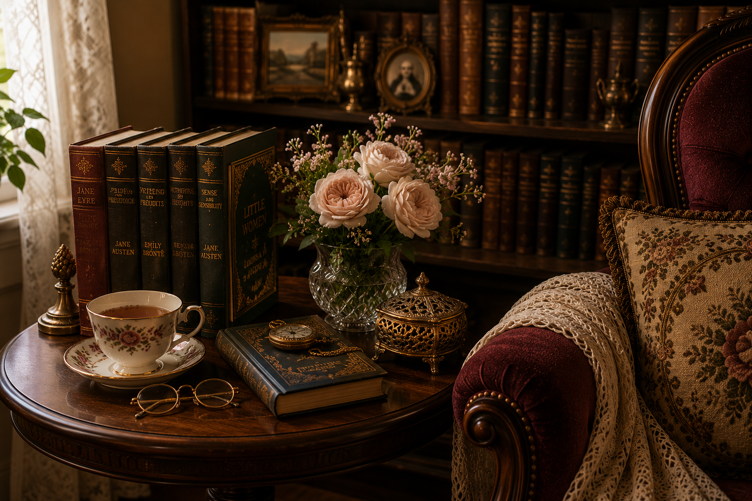 A Victorian side table arranged with books, tea, spectacles, flowers and a decorative box beside a reading chair.