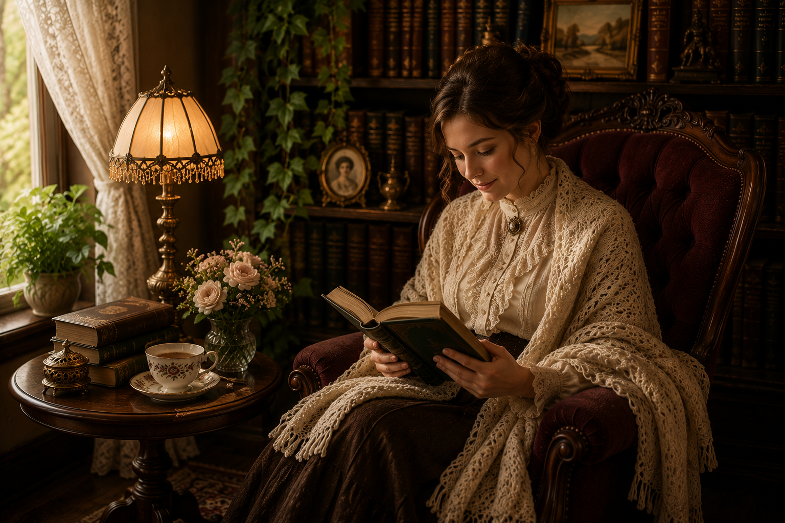 A woman reading peacefully in a burgundy Victorian armchair beside bookshelves and a warm lamp.