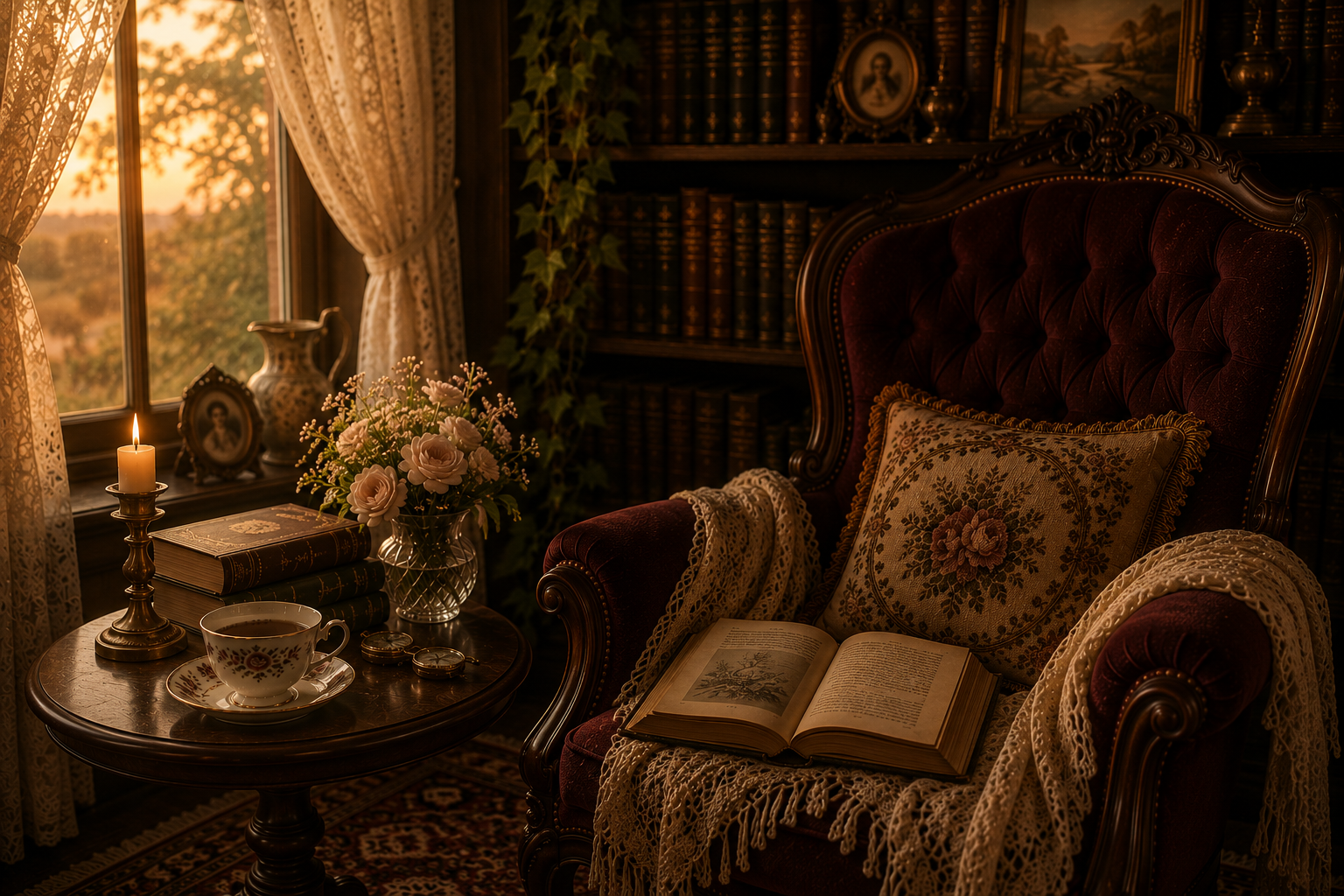 A quiet Victorian reading corner at evening with an empty armchair, open book, teacup, candle and warm sunset light.
