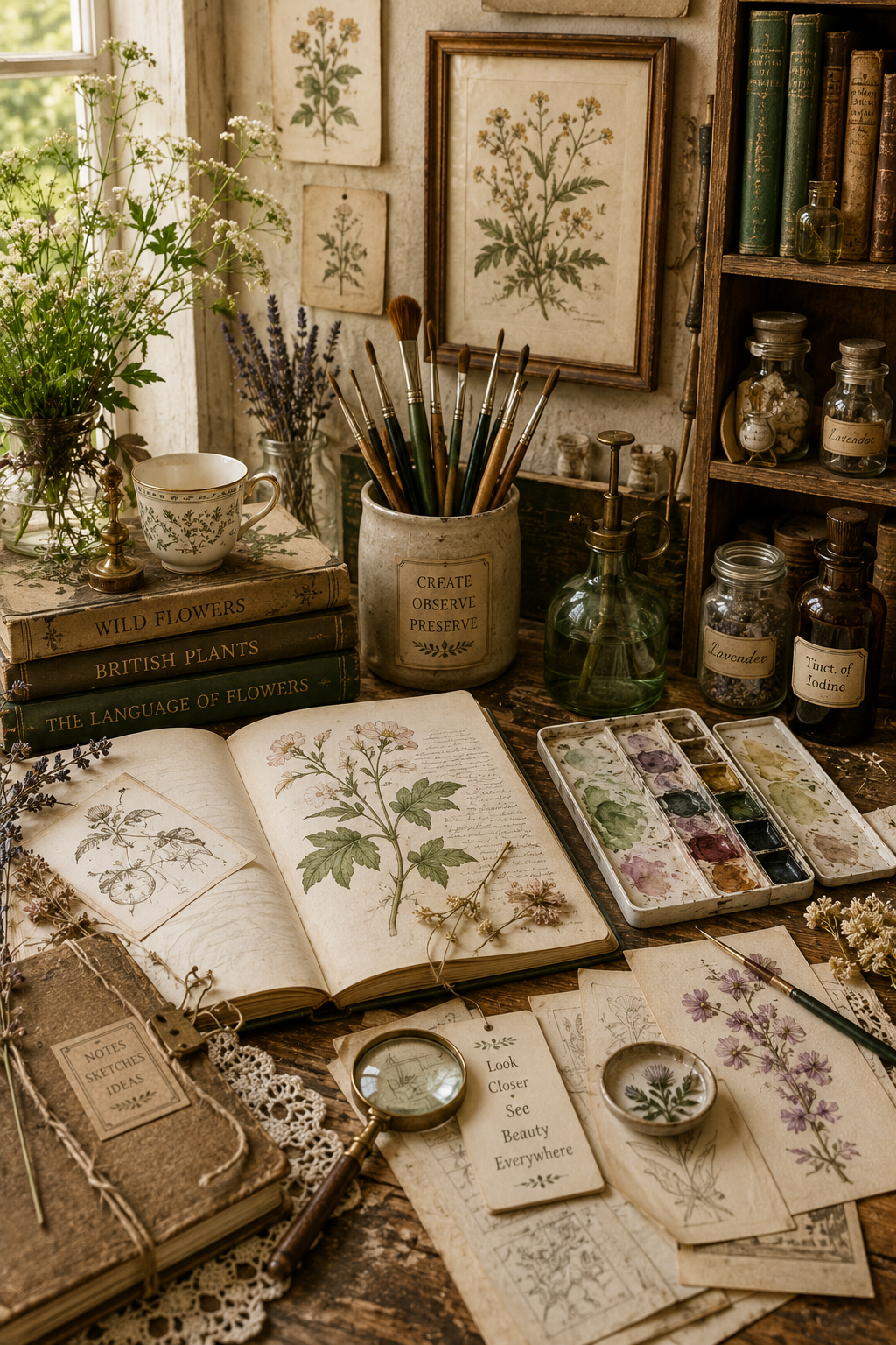 Vintage botanical illustration studio with watercolor paints, pressed flowers, antique plant books, brushes and a sketchbook.