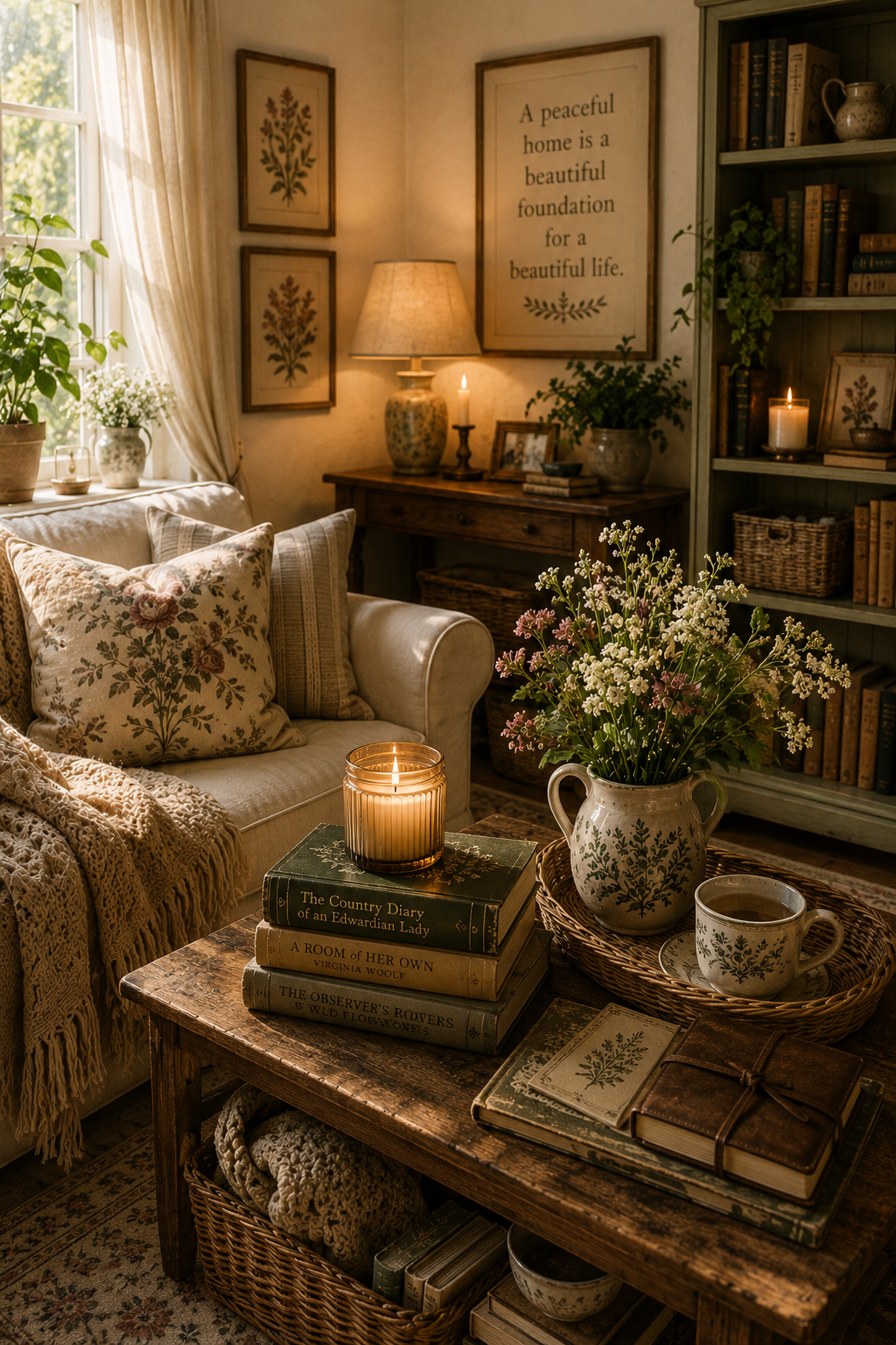 Peaceful cottage living room with a cream chair, floral cushions, books, flowers, warm lamps, candles and woven storage baskets.