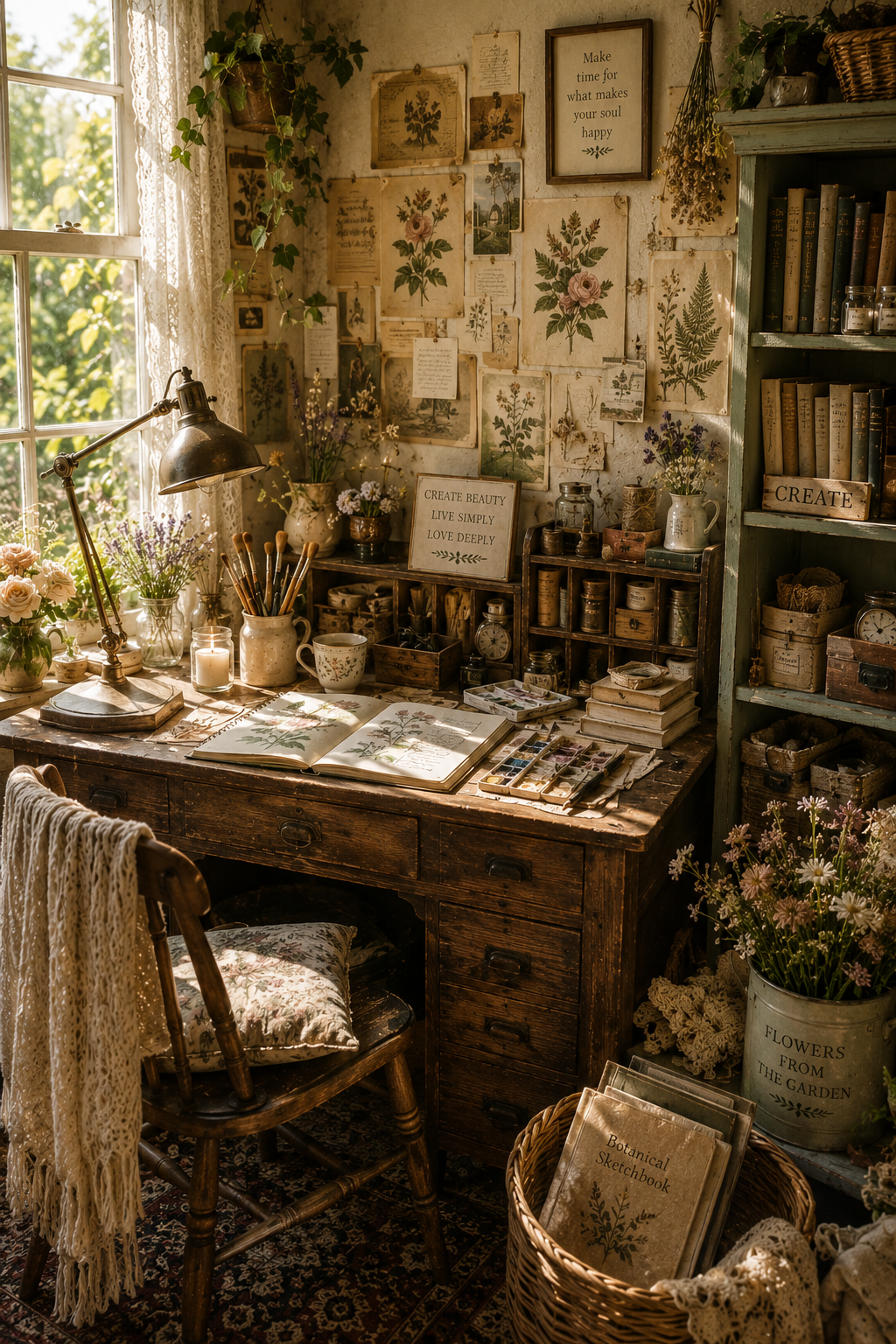 Warm creative cottage studio with an antique wooden desk, botanical prints, paints, books, shelves, flowers and afternoon sunlight.