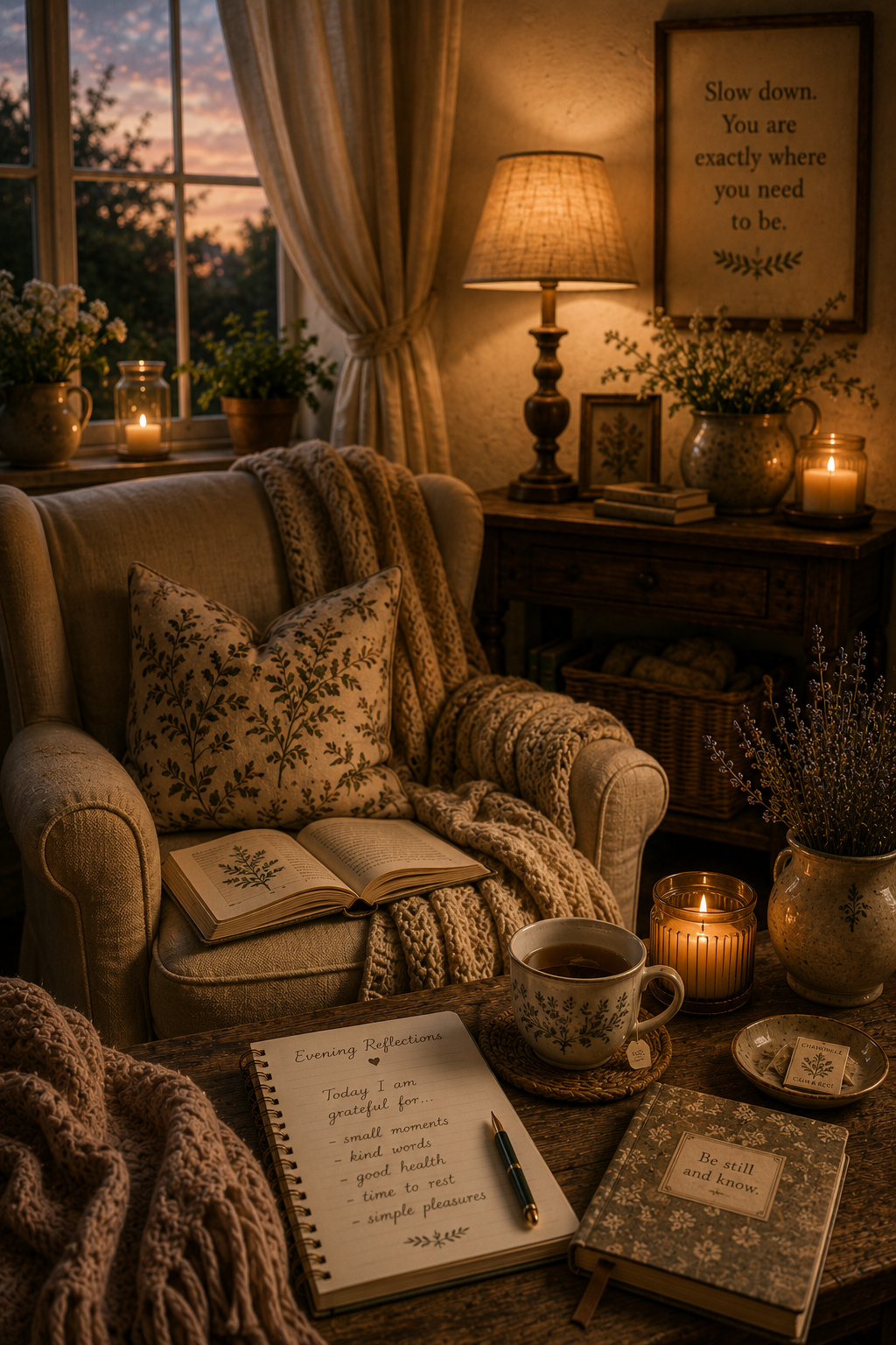 Cozy screen-free evening reading corner with a soft chair, knitted blanket, open book, tea, candle, journal and warm lamp light.
